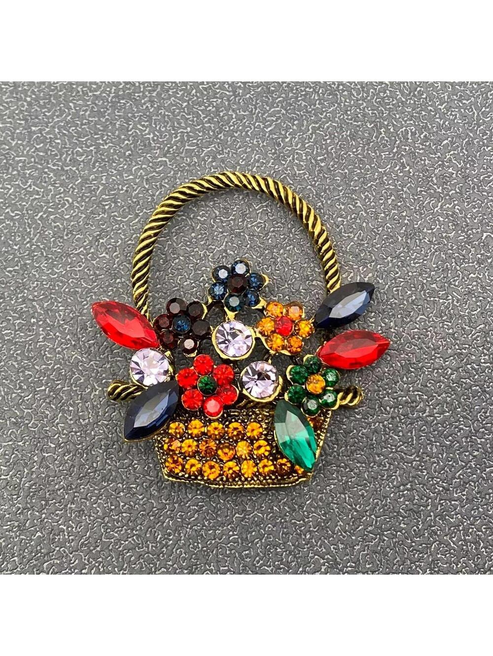 Multicolor Rhinestone Basket Flower Brooch Pin